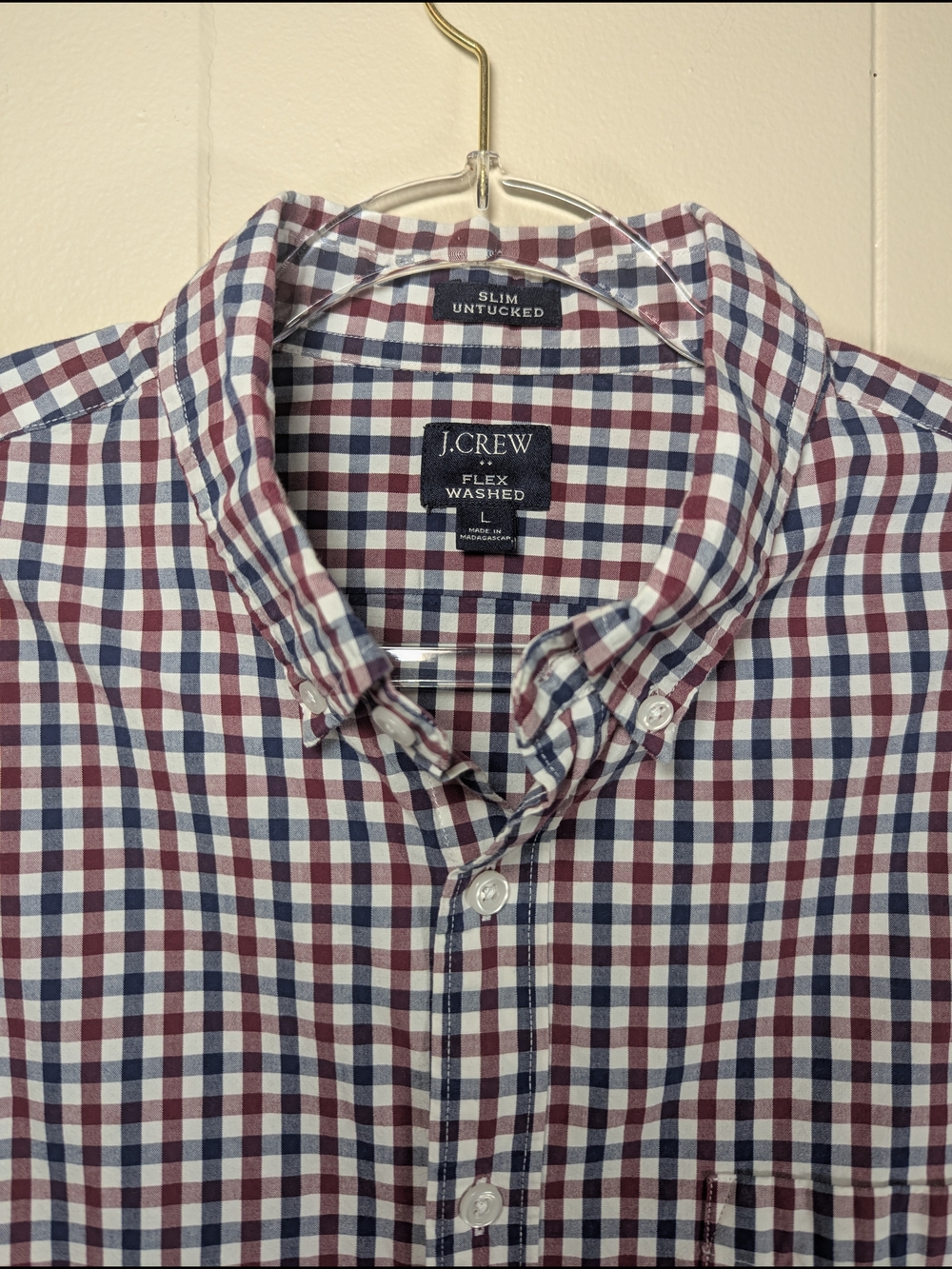 J. Crew Checked Button-Down Shirt in Navy & Red Gingham Slim Untucked Men's L
